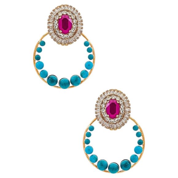 Anton Heunis Gem Cluster Hoop Earrings in Pink Blue Crystal & Gold New Womens - Picture 1 of 10